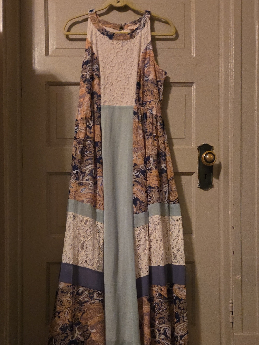 Boho Patchwork Maxi Dress in Teal, Cream, and Tan